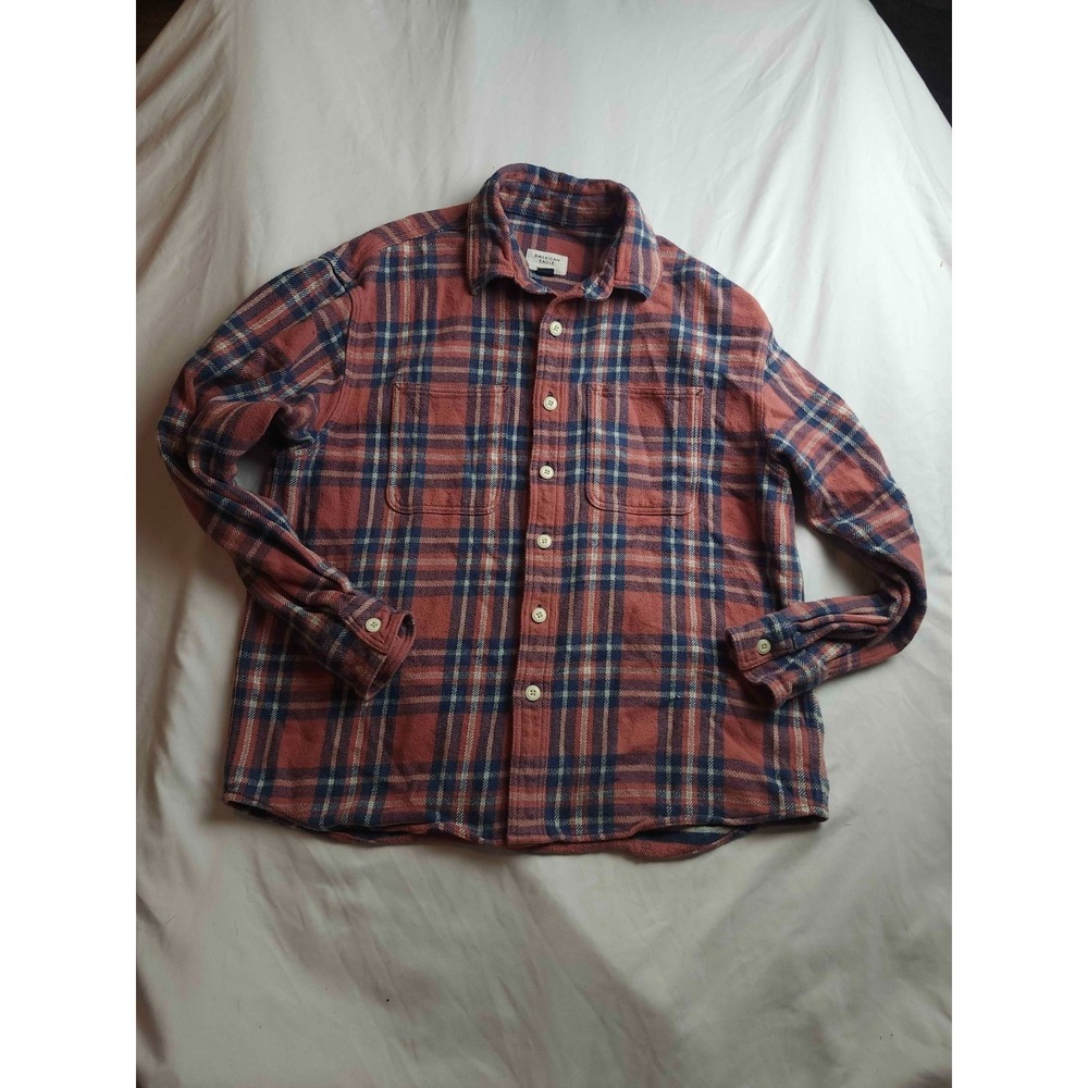 American Eagle Button Down Shirt Mens M Rust Plaid Flannel Relaxed Fit Outdoor